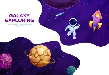 Space landing page. Cartoon astronaut, spaceship, planets and stars. Company website layout, startup launch landing page vector background with fantastic galaxy planets, starship flying in galaxy