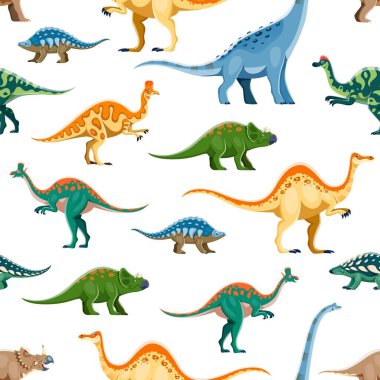 Cartoon dinosaur characters seamless pattern. Fabric print, wrapping paper vector pattern with Panoplosaurus, Titanosauria, Hypacrosaurus, Corythosaurus and Avaceratops, Lambeosaurus cute personages