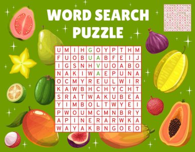 Tropical raw fruits word search puzzle game worksheet, kids quiz. Cartoon vector crossword grid for children with figs, guava, feijoa, carambola, lychee, papaya, mango, find words brainteaser task