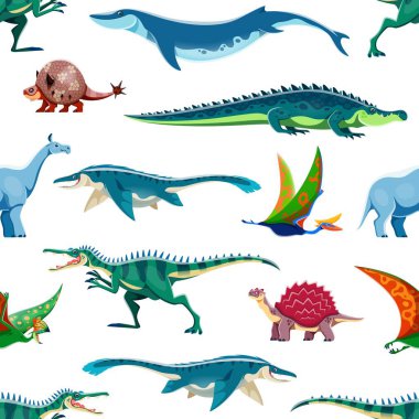 Cartoon aquatic, flying dinosaurs personages seamless pattern. Extinct ocean dinosaurs textile or fabric vector print with Basilosaurus, Doedicurus, Sarcosushus and Mosasaurus, Baryonyx, Carbonemys
