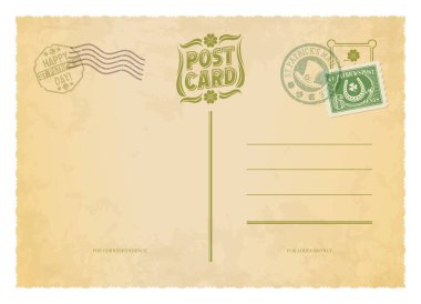 Saint Patrick day antique postcard, postage stamp on vintage mail. Vector blank grungy background with Irish holiday marks with leprechaun hat, horseshoe, clover, place for address and correspondence