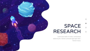 Space landing page, space research. Galaxy landscape with rocket. Vector background with spacecraft engine travel in Universe. Rocket flying in fantasy alien cosmic world with planets and stars