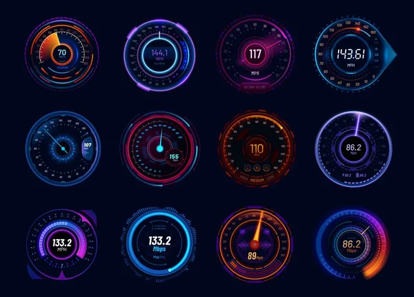 Futuristic Car Speedometer Gauge Dials Neon Led Speed Meter Vehicle — Stock Vector