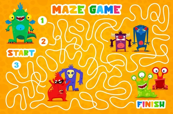 Labyrinth Maze Monster Characters Kids Vector Board Game Tangled Path — Stock Vector