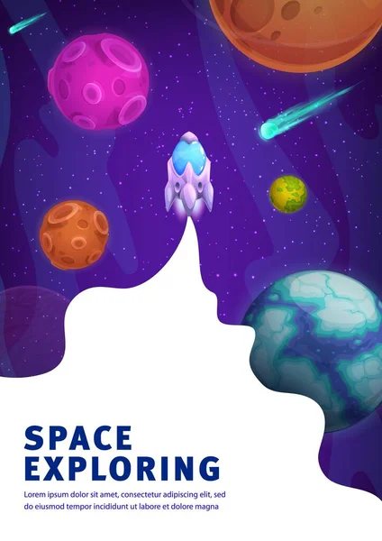 Space Landing Page Galaxy Exploring Vector Poster Cartoon Rocket Launch — Stockvector
