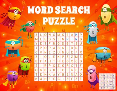 Word search puzzle game. Cartoon cheerful superhero vitamin characters. Colors word search quiz, child vocabulary puzzle vector worksheet with C, U, N and B, H, D micronutrient cute hero personages