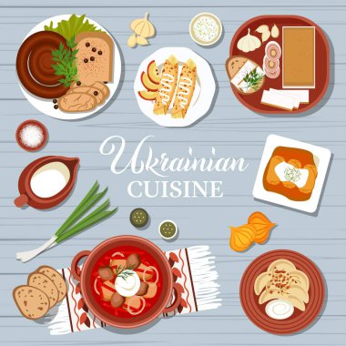 Ukrainian cuisine menu cover with traditional food dishes on wood background. Vector meat and vegetable soup borscht, cabbage rolls and pancakes, lard salo and sour cream, dumplings and blood sausages