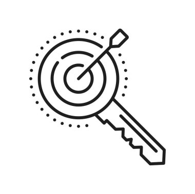 Keyword key with arrow target goal, seo optimization and words search isolated outline icon. Vector meta data and good keyword ranking