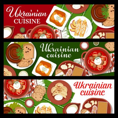 Ukrainian cuisine meals vector banners with vegetable and meat food. Traditional dishes of beet cabbage soup borscht with sour cream and cured lard salo, stuffed pancakes, blood sausages and dumplings