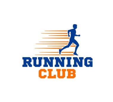 Running club icon. Sport club, gym exercise or fitness competition simple vector symbol or sign. Marathon running race championship emblem or icon with jogging man silhouette