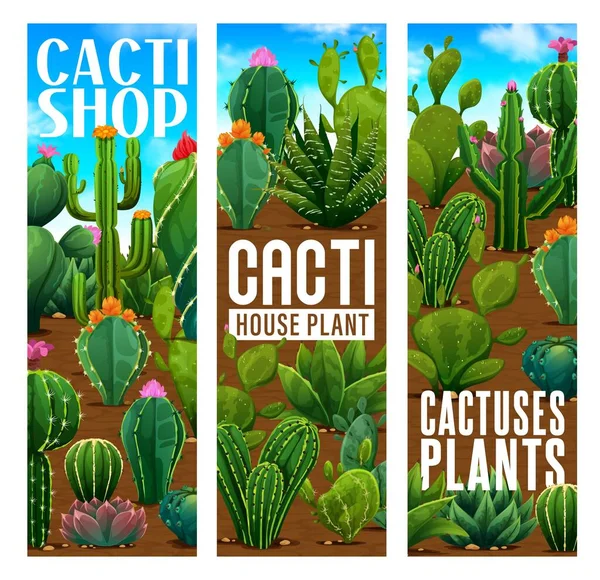 Mexican Prickly Cactus Succulents Plants Flowers Store Vertical Banners Vector — Stock Vector