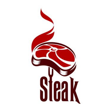 Steak grill icon, barbecue symbol. Butcher store beefsteak, restaurant BBQ grill or steakhouse meat vector emblem. Butchery gourmet sign or symbol with hot steak meat on grilling fork