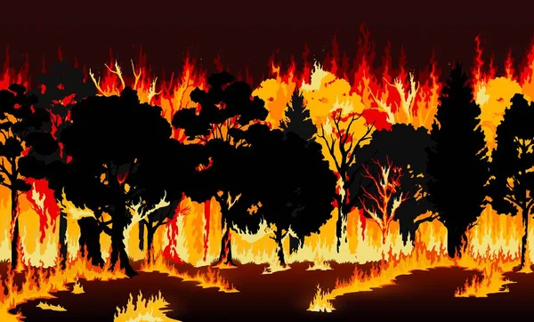 Forest Fire Burning Trees Grass Climate Change Environmental Ecological Catastrophe — Stock Vector