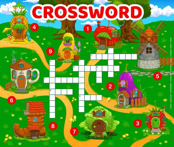 Crossword Quiz Grid Cartoon Fairytale House Buildings Vector Cross Word — ストックベクタ