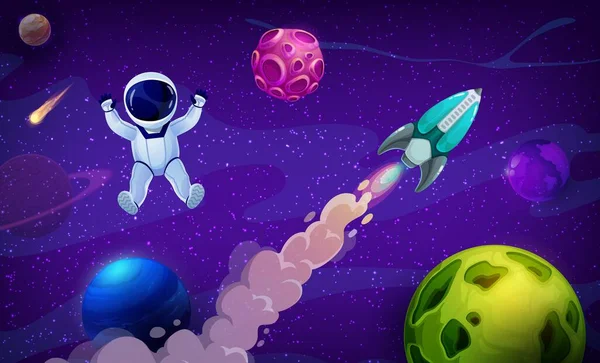 Rocket Spaceship Planets Cartoon Astronaut Outer Space Vector Cosmonaut Travel — Stock Vector