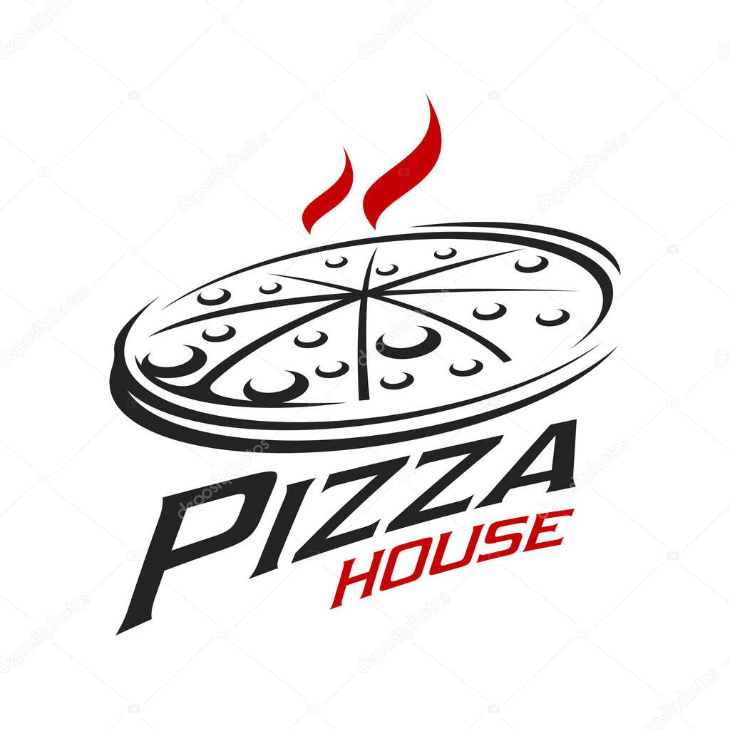 Pizza icon or symbol. Italian cuisine bakery menu simple sign, local fast food restaurant dish or pizzeria street cafe meal graphic vector symbol or emblem with hot pizza