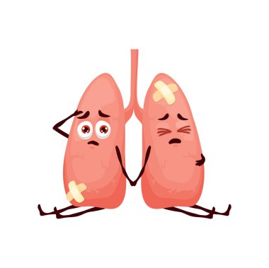 Lungs sick body organ character. Cartoon vector diseased personages of human respiratory system. Unhealthy sad weak anatomical parts with plaster and unhappy suffering face. Health care, pulmonology