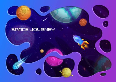 Paper cut space landscape. Galaxy planets and rocket spaceship. Cosmos exploration, space adventure or galaxy travel papercut vector background, banner with ice comet, cartoon starship in outerspace
