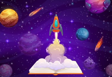 Opened book and rocket launch, business start up. Vector starship take off with cloud trail on starry space background. Startup project boost, interstellar travel in Universe, way to success concept