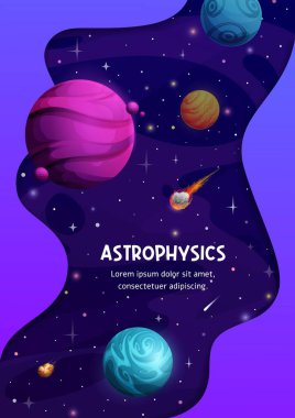 Astrophysics cartoon galaxy starry nebula, space planets, comets and asteroids. Vector scientific poster with infinite Universe fantasy landscape. Adventure journey to stars, research and exploration