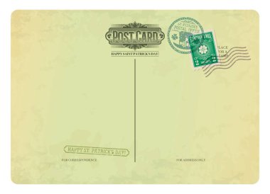 Saint Patrick day antique postcard, postage stamp on vintage mail. Vector blank grungy letter background with Irish holiday marks with clover and leprechaun hat, place for address and greeting text