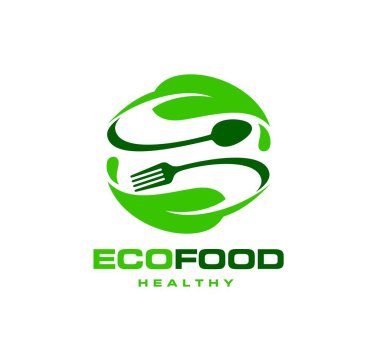 Healthy vegetarian food icon. Organic farm, cafe vegan menu or fresh product market emblem, restaurant natural meals vector sign. Diet bio food symbol or icon with spoon and fork, green leaves