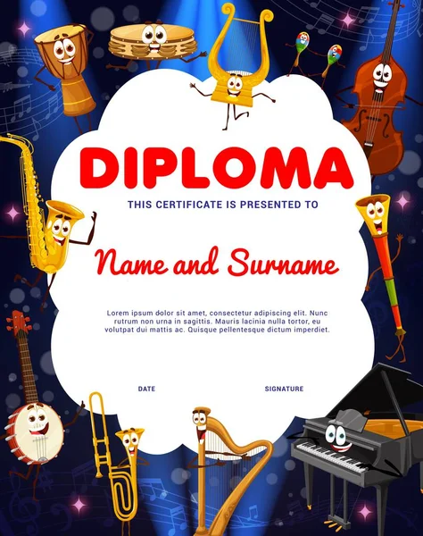 Kids Diploma Cartoon Musical Instrument Characters Educational Music School Vector — Stockvector
