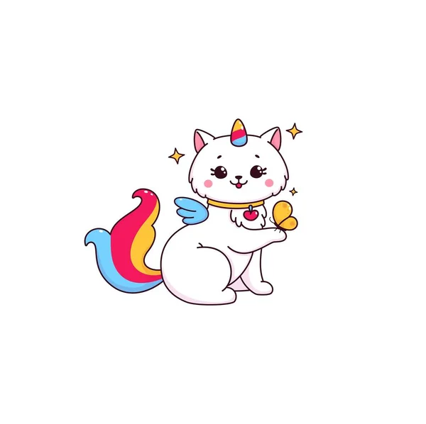 Cartoon Cute Caticorn Character Playing Butterfly Kawaii Vector Unicorn Cat — Stock Vector