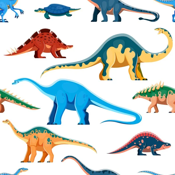 Grappige Dinosaurussen Stripfiguren Naadloos Patroon Jurassic Tijdperk Hagedis Textiel Vector — Stockvector
