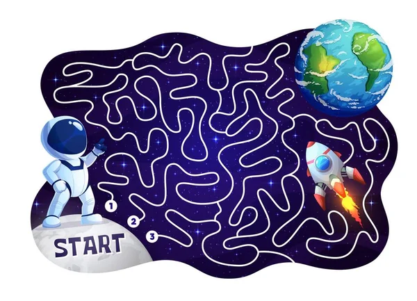 Labyrinth Maze Cartoon Astronaut Space Rocket Kids Vector Worksheet Help — Stock Vector