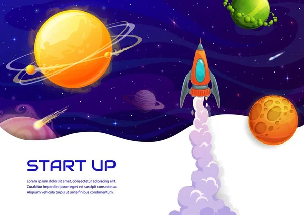 Space Landing Page Cartoon Rocket Spaceship Launch Galaxy Planets Business — Stock Vector