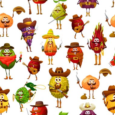 Cartoon cowboy robber, sheriff or ranger fruits seamless pattern, vector background. Funny fruits characters pattern of papaya in Western ranger hat with revolver guns and cowboy grape with lasso