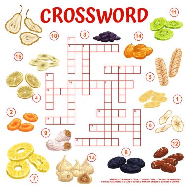 Dried fruits and snacks crossword grid. Find a word quiz game worksheet, child text playing activity or riddles book page vector template. Children intellectual puzzle, vocabulary test with snacks