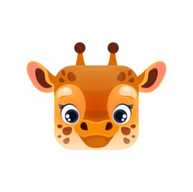 Cartoon giraffe kawaii square animal face, african baby giraffe, cute little cub portrait. Isolated vector character, safari or zoo avatar personage. App button, icon, graphic design element
