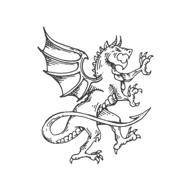Dragon medieval heraldic animal monster sketch. Hell monster or fantasy dragon, legend creature or heraldry sketch vector symbol or sign. Magic animal, etching emblem or royal coat of arms beast