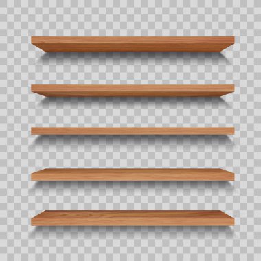 Wooden store shelf or empty wall bookshelf. Realistic vector planks isolated 3d mockup. Wood stand in library or home, grocery rack, brown timber boards for storage or gallery exhibition