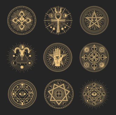 Mason signs, occult and esoteric pentagram symbols, magic tarot. Mason or witchcraft tarot seal, masonry lodge magic vector sign or with satan pentagram symbol, ankh and Eye of Providence, pyramid
