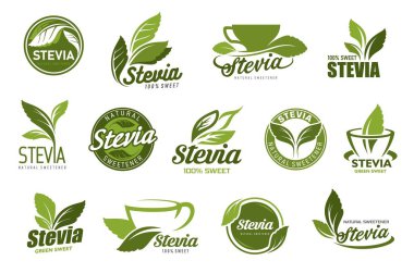 Stevia leaf and herbal extract icons. Stevia product stickers, natural sweetener and healthy food product vector labels or icons set. Stevia leaves round tags, eco product green emblems