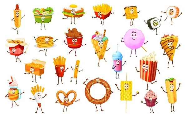 Fast Food Funny Characters French Fries Chicken Legs Popcorn Hot — Stock Vector