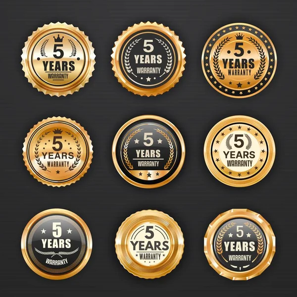 Warranty Golden Badges Labels Quality Seals Guarantee Tag Vector Gold — Stock Vector