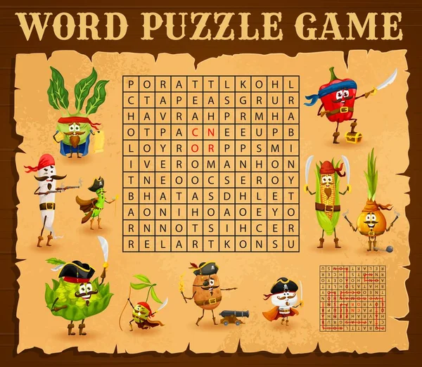 Word Search Puzzle Game Cartoon Vegetable Pirates Corsairs Characters Vector — Vetor de Stock