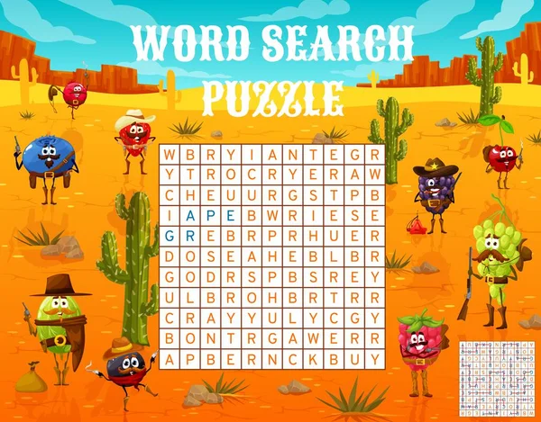 Word Search Puzzle Wild West Ranger Cowboy Bandit Berry Characters — Stock Vector