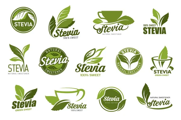 Stevia Leaf Herbal Extract Icons Stevia Product Stickers Natural Sweetener — Archivo Imágenes Vectoriales
