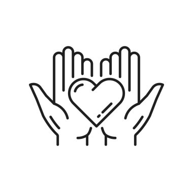 Help and support, people holding heart in hands, family couple in love isolated outline icon. Vector healthcare, cardiology medical clinic emblem