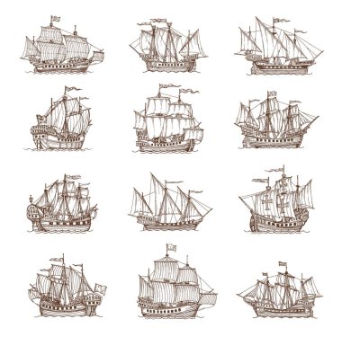 Sail ship, sailboat or brigantine sketch, vector pirate frigate icons. Marine sail ships in vintage sketch or pencil hatching, retro sailboats on sea or ocean waves with flags of Caribbean adventure