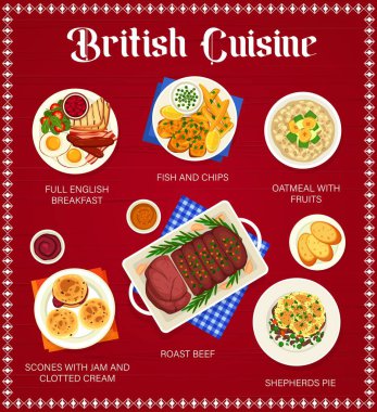 British cuisine food menu page. Fish and chips, coffee and shepherds pie, , oatmeal with fruits and roast beef, scones with jam and clotted cream, full English breakfast with eggs, bacon and salad