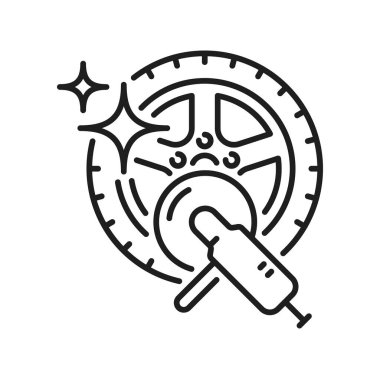 Wheel disc car polishing. Washing and polishing of car tire wheels isolated outline icon. Vector carwash, vehicle cleaning, automobile tyre maintenance
