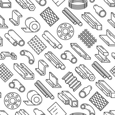 Steel and aluminum rolled metal seamless pattern. Vector repeated background with construction thin line elements pipe, rail, bar, tube or mesh profiles. Tiled backdrop with metallurgy industry items