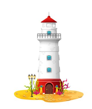 Cartoon sunken lighthouse, underwater house building or undersea fantasy dwelling, vector home. Sea or ocean animal and fairy marine creature house in sunken lighthouse beacon with windows and door