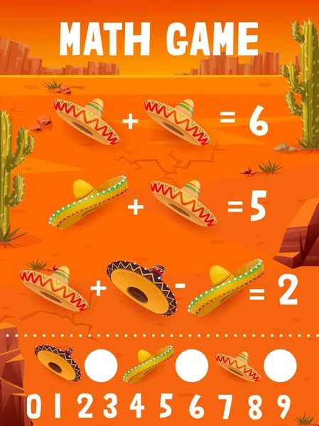 Math Game Worksheet Mexican Sombrero Hats Desert Cactus Vector Mathematics – Stock-vektor